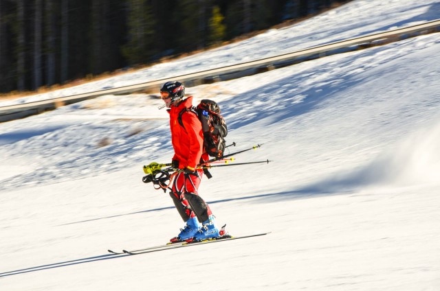 Speed skier bringing in gate posts at the U.S. Ski Team Speed Center at Copper Mountain. | Copper Mountain, CO